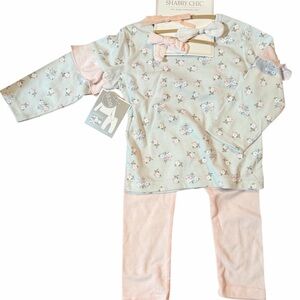 Shabby Chic Mint and Pink Floral Girls' outfit with 3 Headbands